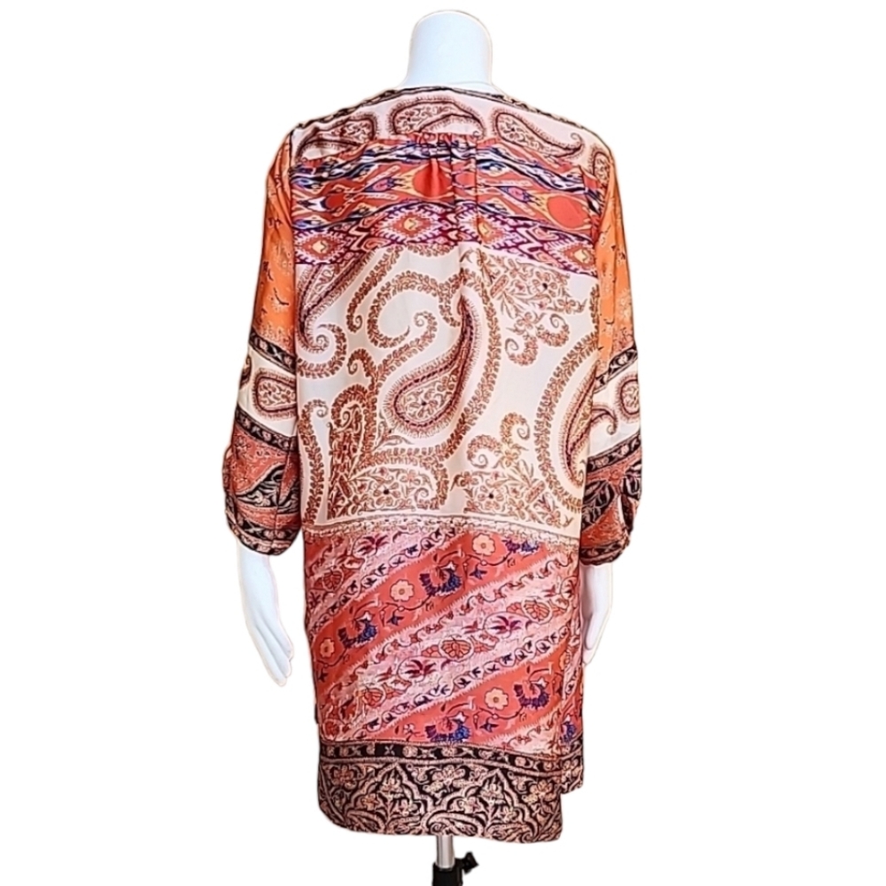 ZARA Paisley Tunic Top L Satin Blouse Orange Long Shirt Boho Convertible Sleeves - Picture 3 of 15